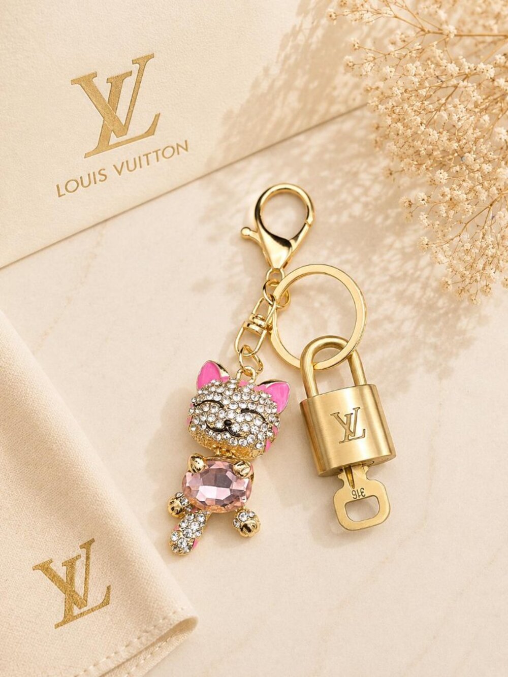 Authentic LV Gold Padlock & Key Set ✨Luxury Bag Charm w/ Unbranded Cat Keychain